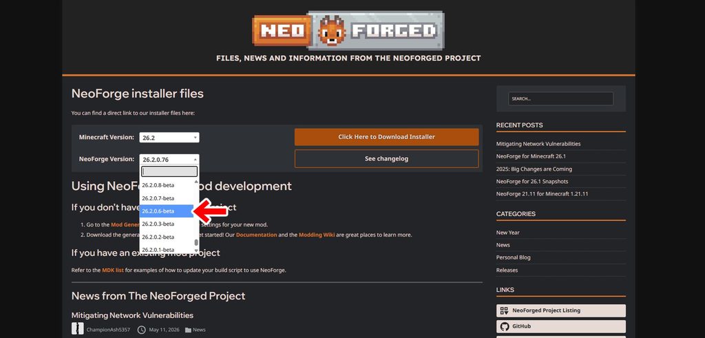 NeoForge 26.2.0.6-betaの選択