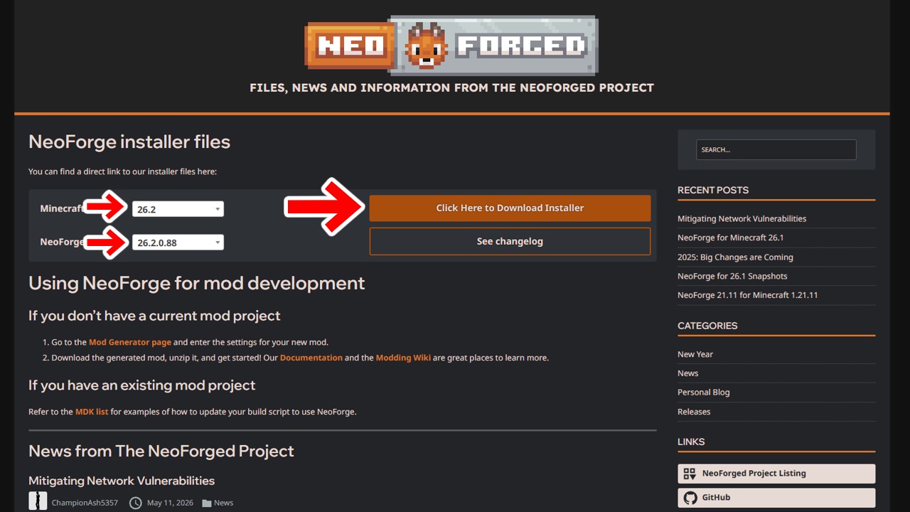 NeoForge26.2.0.88のダウンロード画面
